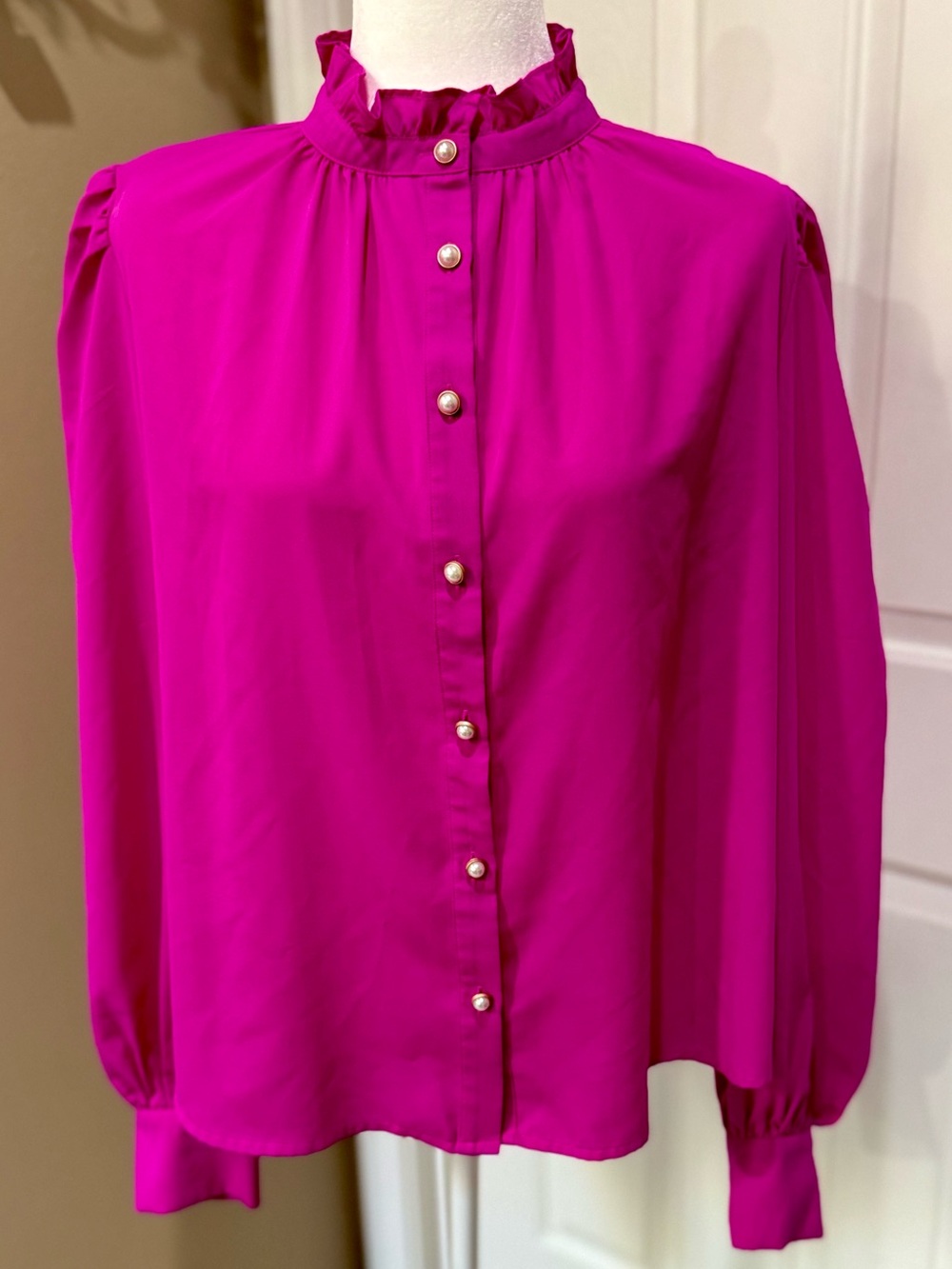 Flying Tomato Fuchsia Ruffle Neck Button-Front Blouse